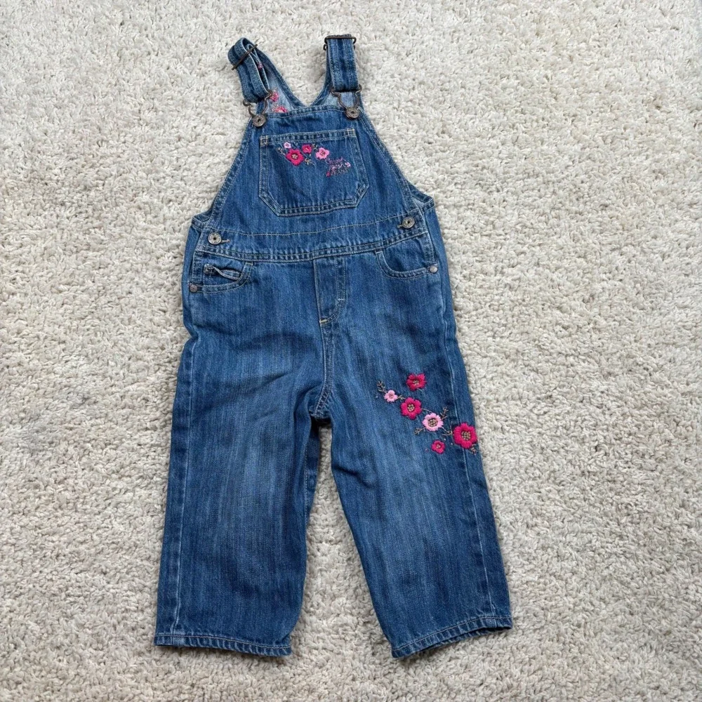 OshKosh‎ Bgosh Girls Denim Floral Embroidered Overalls Blue 24 Months